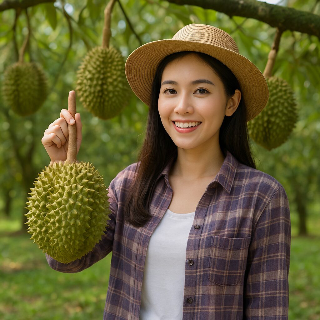 หญิงสาวกับทุเรียนในสวน