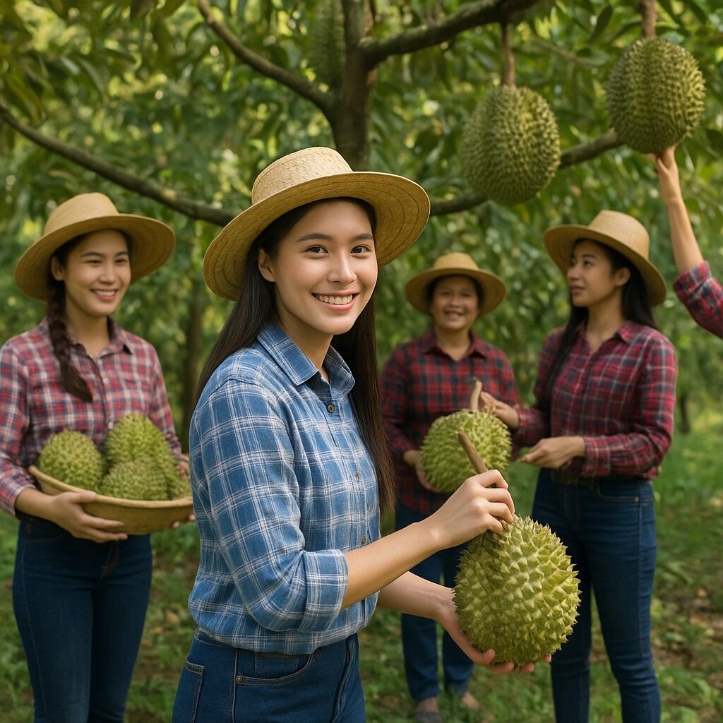 เก็บผลทุเรียนในสวนเขียวขจี